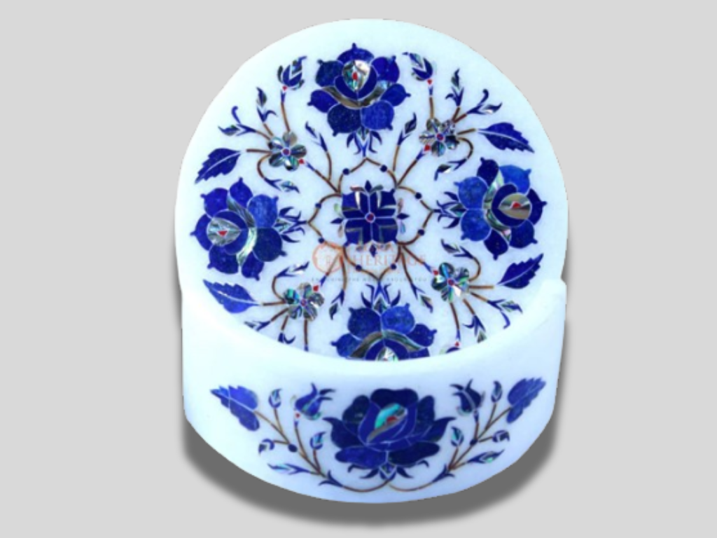 White Marble Coaster Set Lapis Lazuli Floral Inlay Art